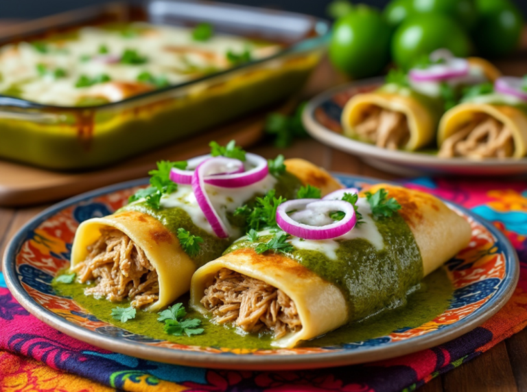 A plate of enchiladas verdes de pollo with melted cheese, salsa verde, red onion, and cilantro.