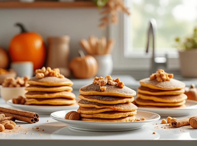 Plates of pumpkin spice pancakes topped with chopped nuts and surrounded by fall decor.