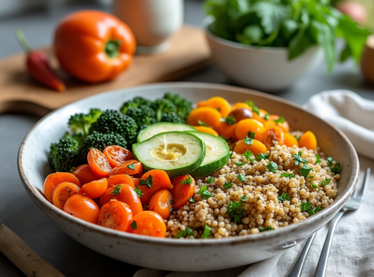 A quinoa bowl with cherry tomatoes, broccoli, and orange bell peppers, garnished with avocado slices and fresh herbs.