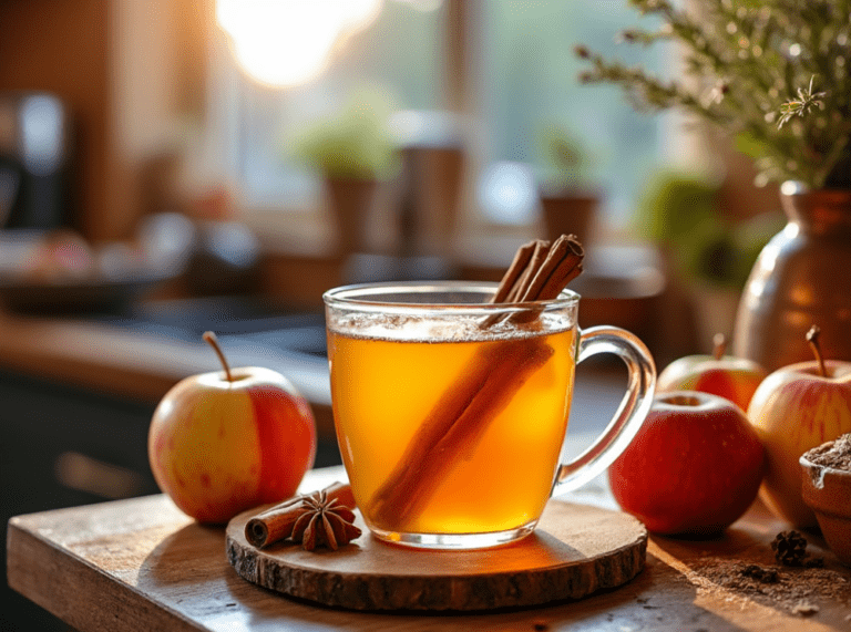 A table with glasses of warm spiced apple cider surrounded by cinnamon sticks, star anise, and fresh apples, capturing the essence of autumn in a cozy kitchen setting.