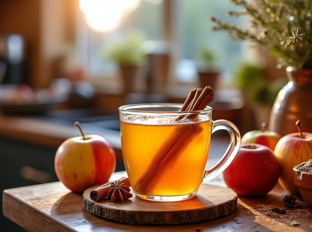 A table with glasses of warm spiced apple cider surrounded by cinnamon sticks, star anise, and fresh apples, capturing the essence of autumn in a cozy kitchen setting.