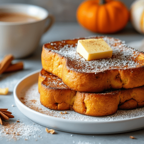 Thick slices of pumpkin spice French toast topped with a butter square and powdered sugar, with cinnamon and star anise spices in the background