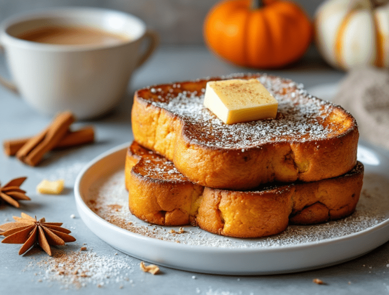 Thick slices of pumpkin spice French toast topped with a butter square and powdered sugar, with cinnamon and star anise spices in the background