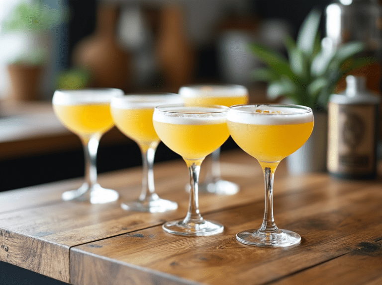 Six coupe glasses filled with Pisco Sour cocktails arranged on a wooden surface with a soft focus background of a cozy kitchen.