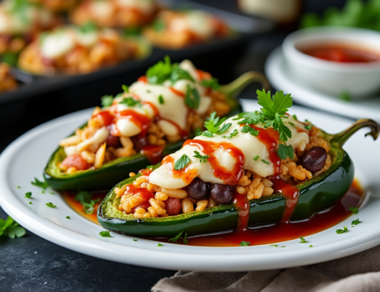 Two stuffed poblano peppers drizzled with sauce and cheese, served on a white plate.