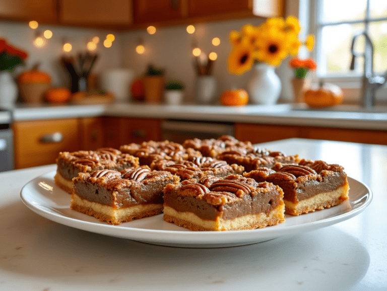 A plate of pecan pie bars in a kitchen with bright fall decor and flowers.