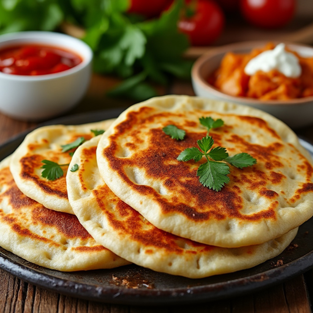 Stack of Salvadoran pupusas served with salsa and garnished with parsley.