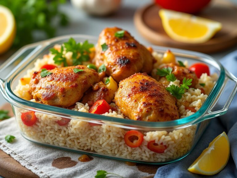 Golden-brown chicken thighs served over rice with cherry tomatoes and garnished with parsley in a glass baking dish.