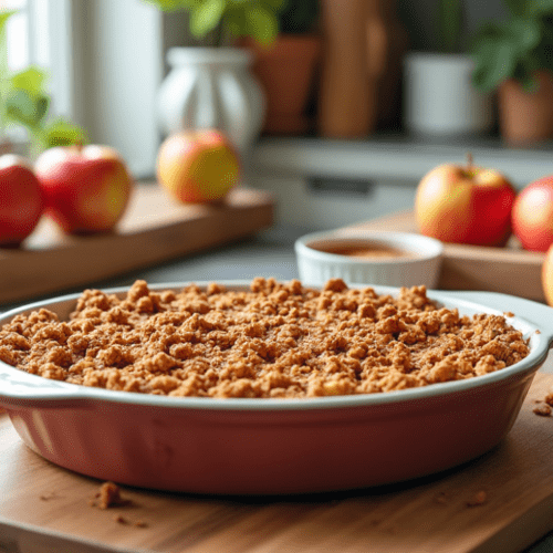 Apple Cinnamon Crisp in a red baking dish, set on a wooden countertop with apples in the background.