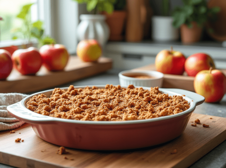 Apple Cinnamon Crisp in a red baking dish, set on a wooden countertop with apples in the background.