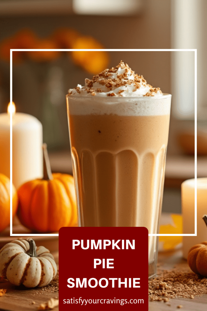 Delicious creamy Pumpkin Pie Smoothie in a tall glass, garnished with whipped cream and cinnamon, surrounded by mini pumpkins and fall leaves.