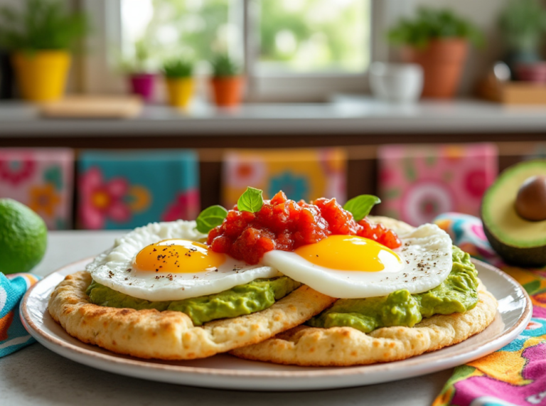 Arepas with avocado and sunny-side-up eggs on a plate with fresh salsa.