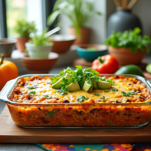 Quinoa enchilada casserole topped with melted cheese, cilantro, and avocado slices, set in a kitchen scene.