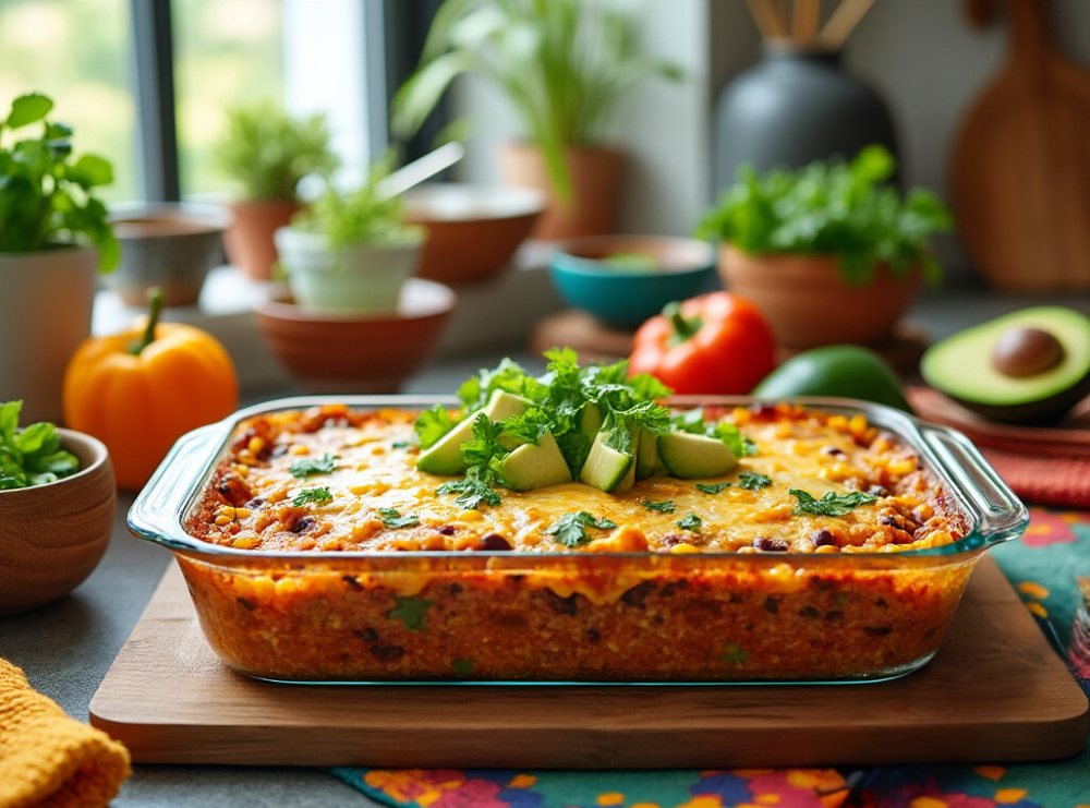 Quinoa enchilada casserole topped with melted cheese, cilantro, and avocado slices, set in a kitchen scene.