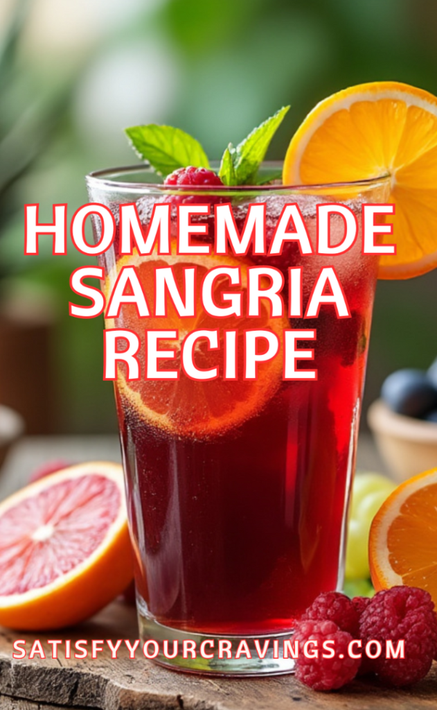 Sangria recipe text overlay on a vibrant image of a glass of sangria with citrus and raspberries.