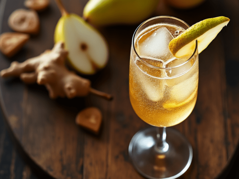 Refreshing Pear and Ginger Sparkler with ice cubes and fresh mint served on a rustic board