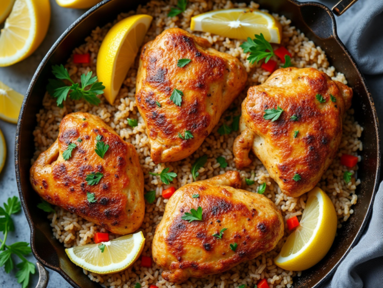 Chicken thighs baked with rice, garnished with lemon wedges and fresh parsley in a cast iron skillet.