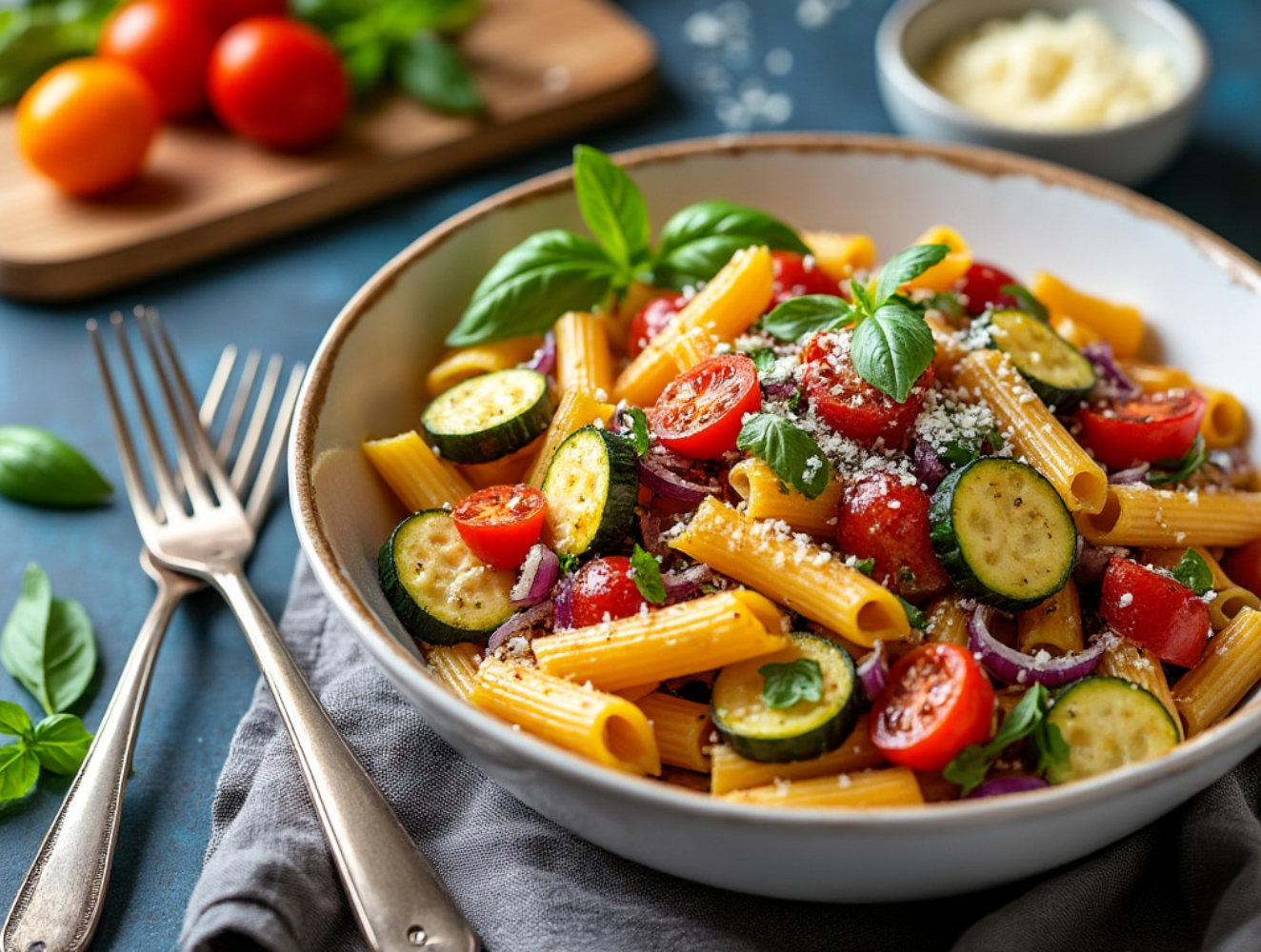 Roasted Veggie Pasta with zucchini, cherry tomatoes, and red onions.