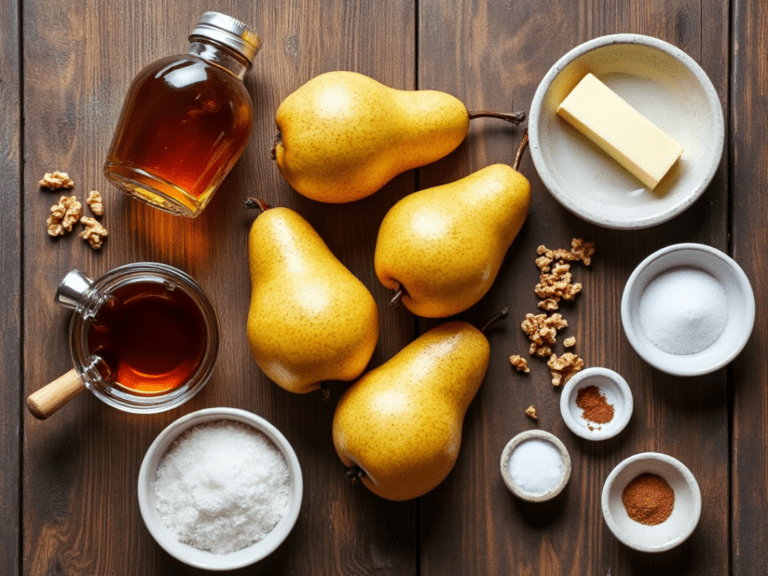 Ingredients for baked pears with maple syrup and walnuts, including ripe pears, maple syrup, butter, walnuts, cinnamon, and nutmeg, arranged on a wooden surface.