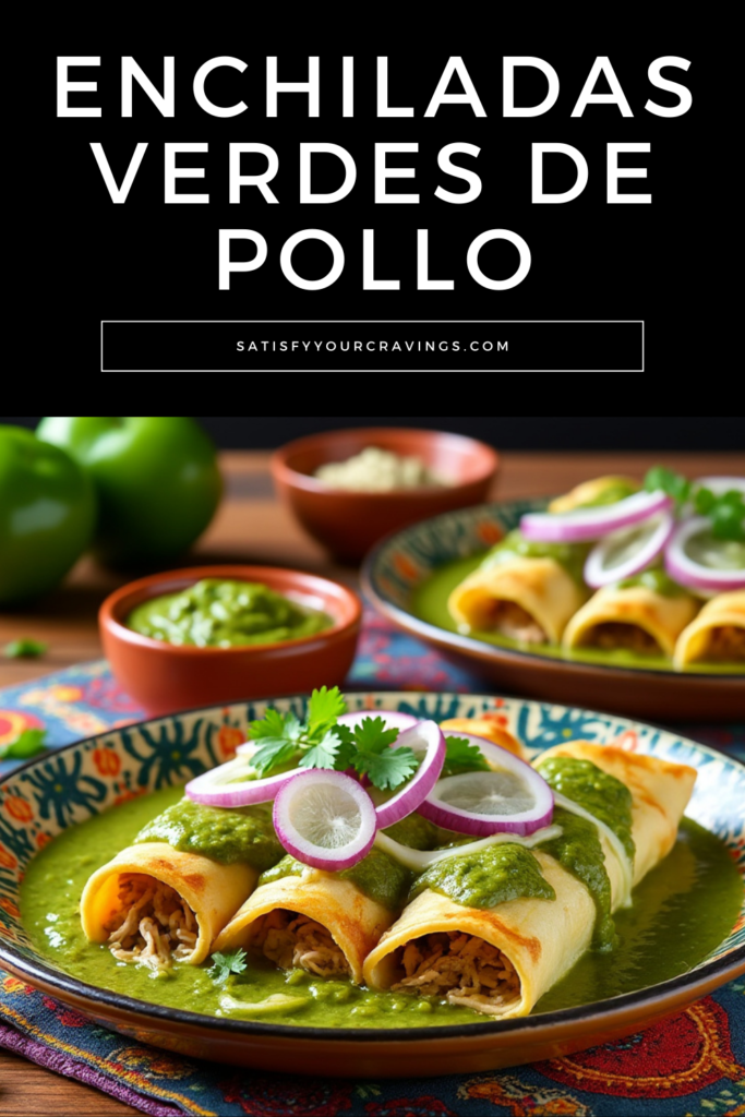 Enchiladas verdes de pollo served with salsa verde, garnished with red onion and cilantro on a decorative plate.