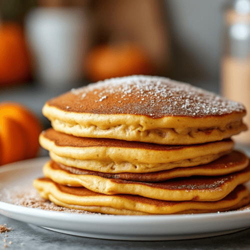 Two plates of pumpkin spice pancakes topped with whipped cream, surrounded by star anise and cinnamon sticks.