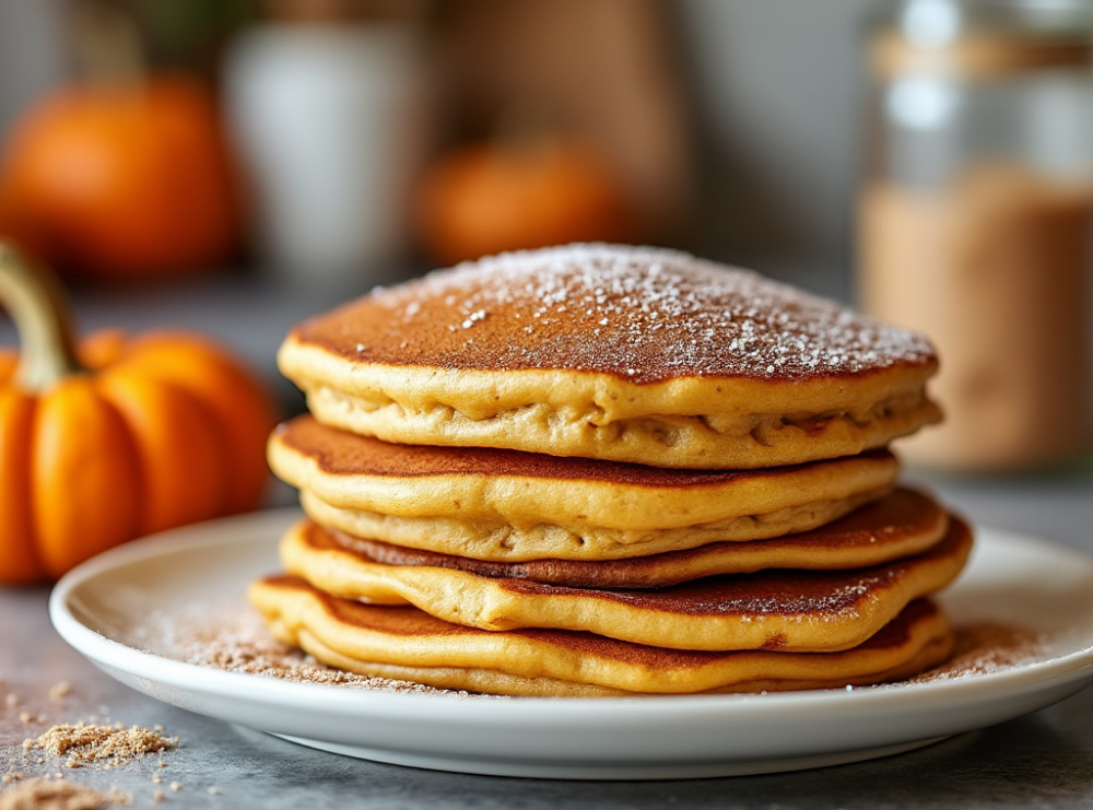 Two plates of pumpkin spice pancakes topped with whipped cream, surrounded by star anise and cinnamon sticks.