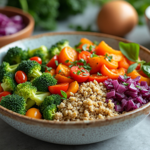 A beautifully arranged quinoa bowl with fresh vegetables, including cherry tomatoes, broccoli, and diced onions.