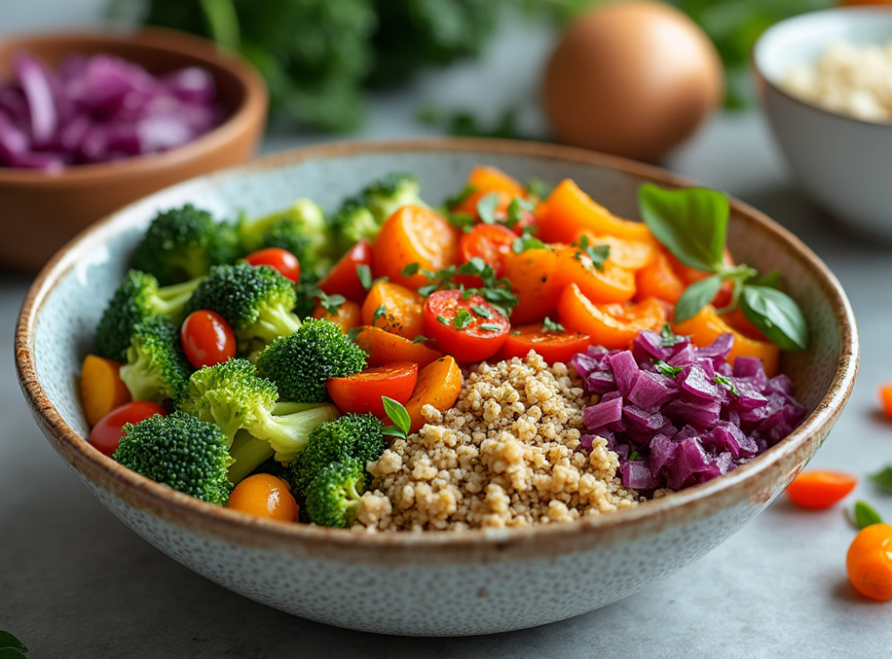 A beautifully arranged quinoa bowl with fresh vegetables, including cherry tomatoes, broccoli, and diced onions.