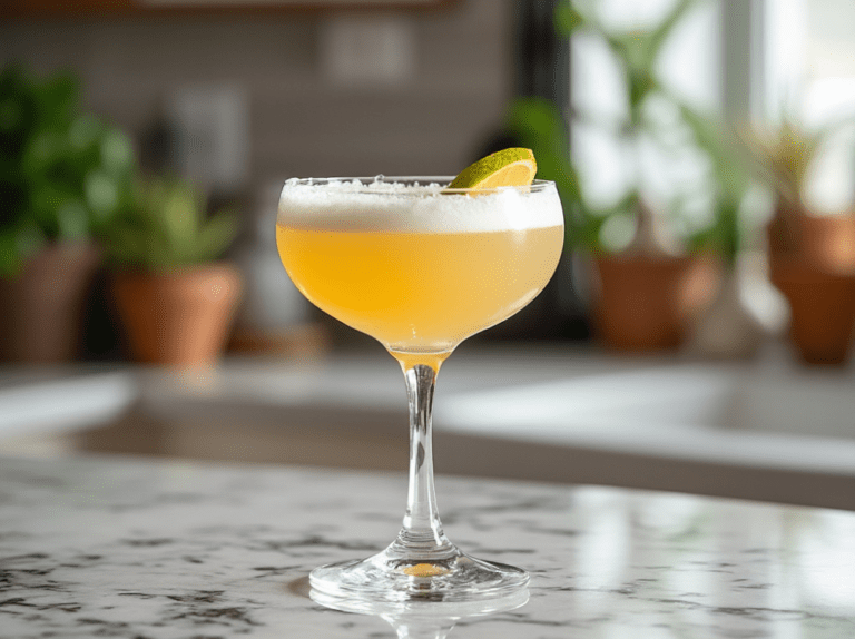 A close-up of a Pisco Sour cocktail in a coupe glass, garnished with a lime slice, set on a marble countertop with plants in the background.