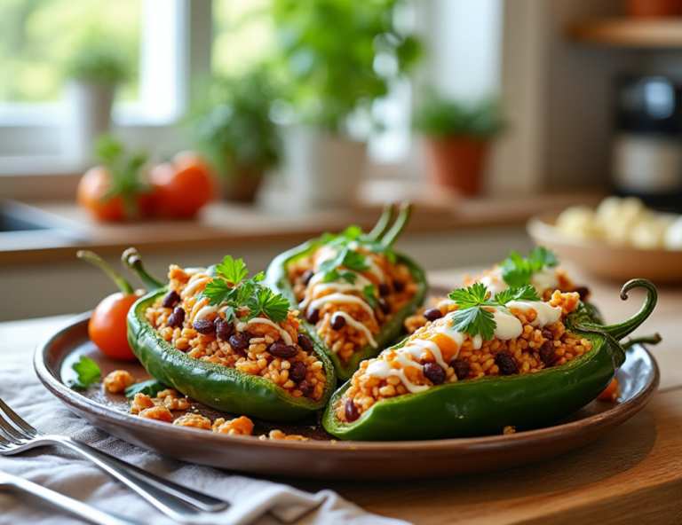 Poblano peppers stuffed with a mix of rice, beans, and cheese, garnished with cilantro on a wooden platter.