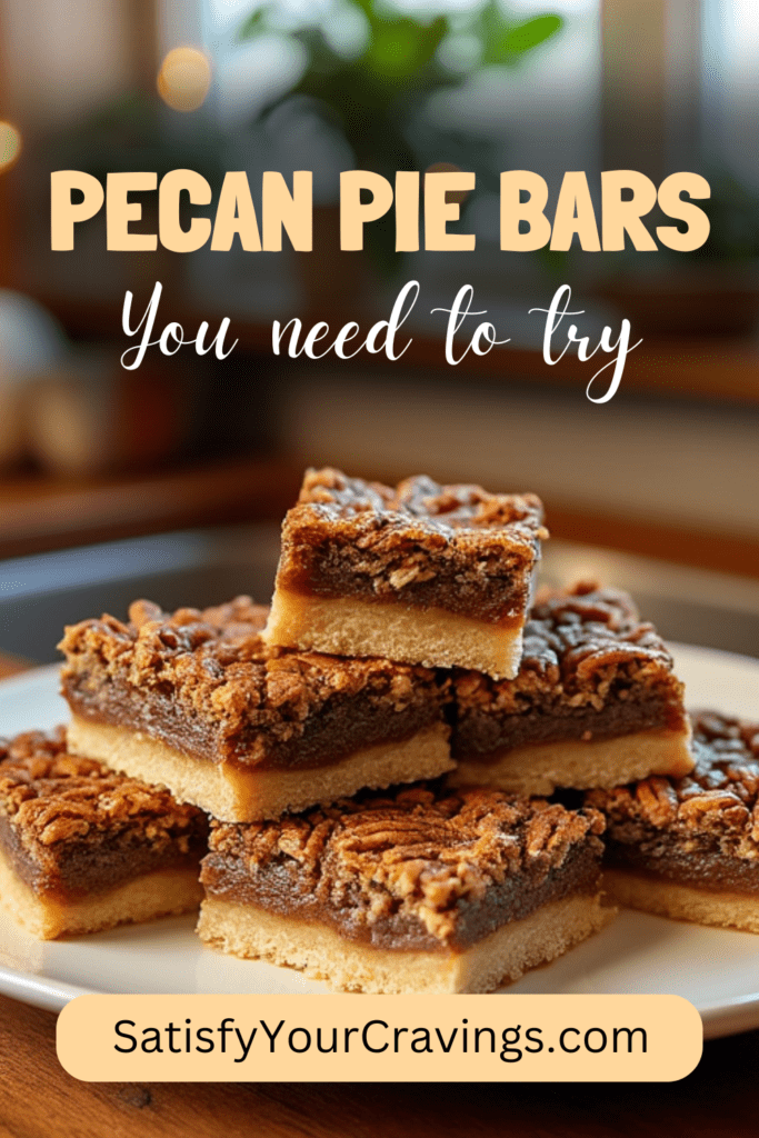 A styled image of pecan pie bars with the text “Pecan Pie Bars You Need to Try” and the blog name “SatisfyYourCravings.com.