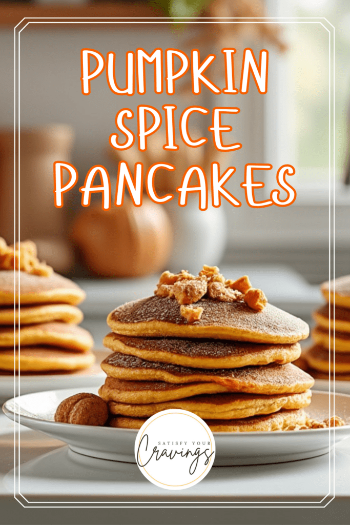 Pumpkin spice pancakes with a rustic background, featuring the text "Pumpkin Spice Pancakes" and the Satisfy Your Cravings logo.