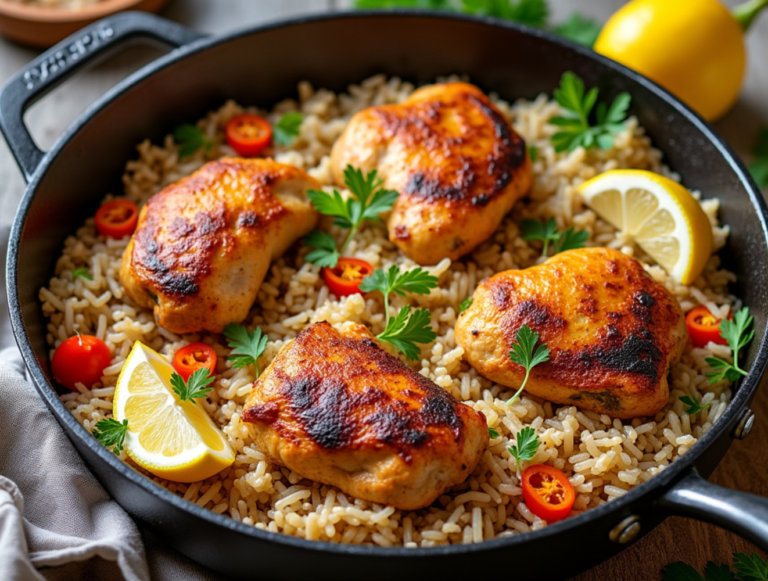 Four chicken thighs served over seasoned rice with lemon wedges and red chilies in a cast iron skillet.