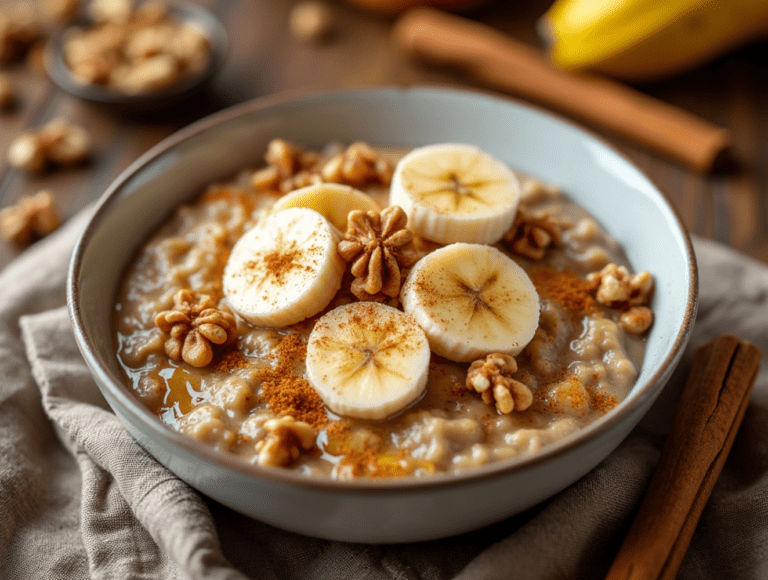 A bowl of Banana Nut Oatmeal topped with banana slices, walnuts, and cinnamon in a soft-lit, rustic setting.