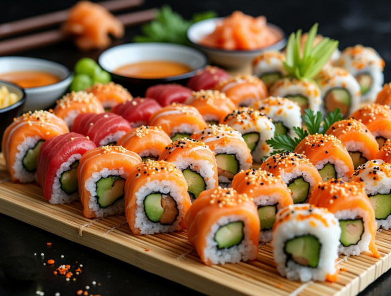 A sushi platter featuring a variety of rolls with fresh fish, avocado, and cucumber, served with soy sauce.