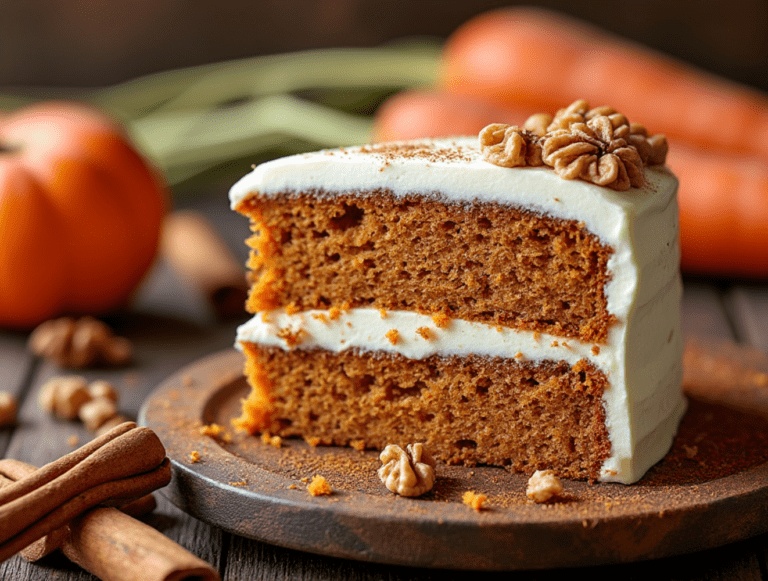 A slice of spiced carrot cake with cream cheese frosting and walnuts, surrounded by fresh carrots and cinnamon sticks.