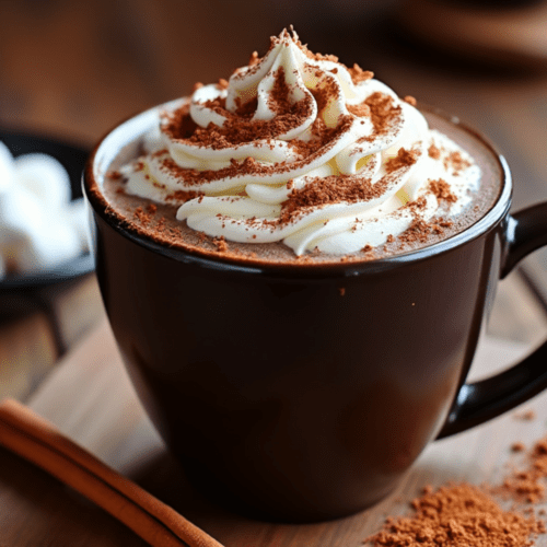 A brown mug filled with hot chocolate, topped with whipped cream and cinnamon, placed on a wooden board with a cinnamon stick beside it.