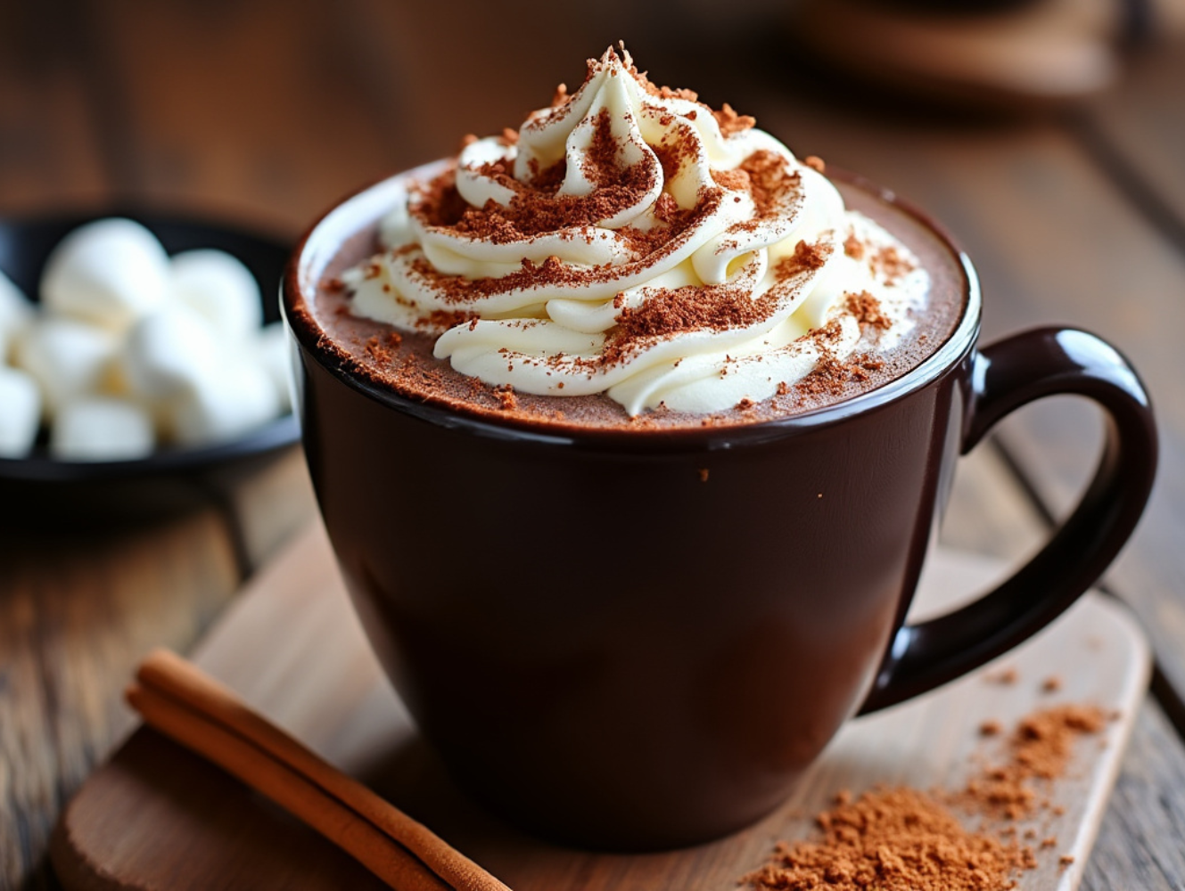 A brown mug filled with hot chocolate, topped with whipped cream and cinnamon, placed on a wooden board with a cinnamon stick beside it.