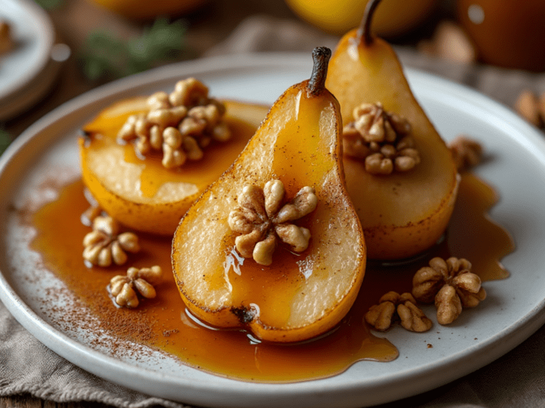 Golden baked pears with maple syrup and walnuts on a white plate, drizzled with syrup for a rustic fall dessert.