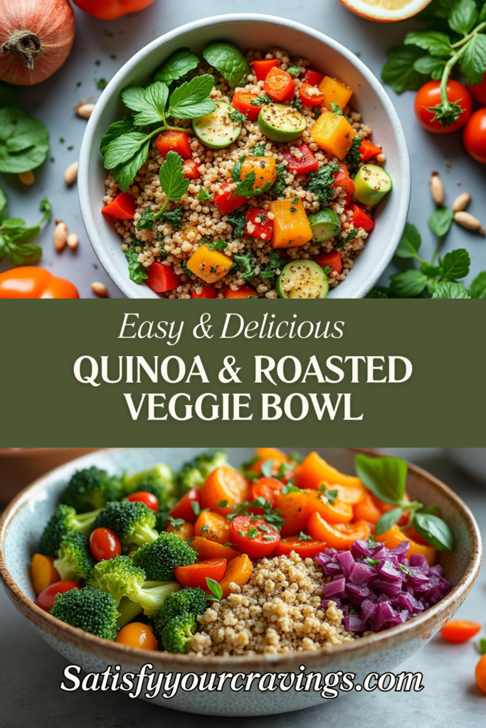 A promotional image featuring two quinoa bowls, highlighting the easy and delicious Quinoa & Roasted Veggie Bowl recipe.