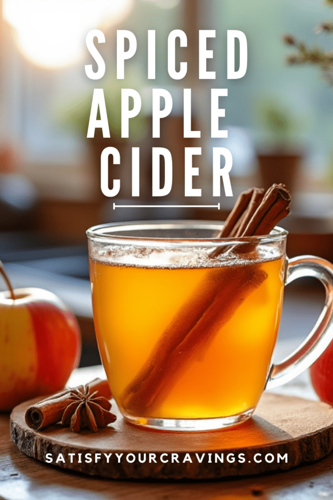 A Pinterest-ready image of a clear mug filled with spiced apple cider, featuring the text "Spiced Apple Cider" and the website "SatisfyYourCravings.com