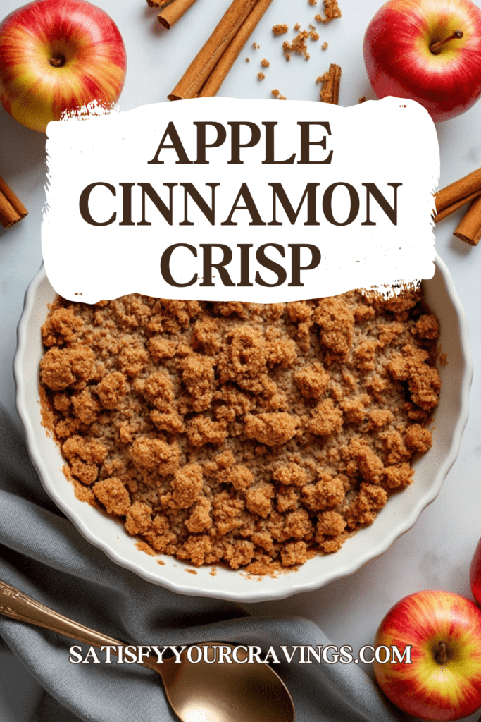 Overhead view of Apple Cinnamon Crisp in a round baking dish, with fresh apples and cinnamon sticks arranged nearby.