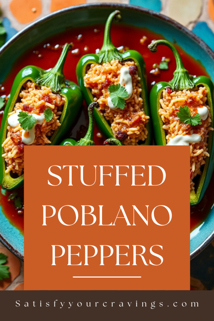 A graphic featuring stuffed poblano peppers with the text "Stuffed Poblano Peppers" and the website "Satisfyyourcravings.com