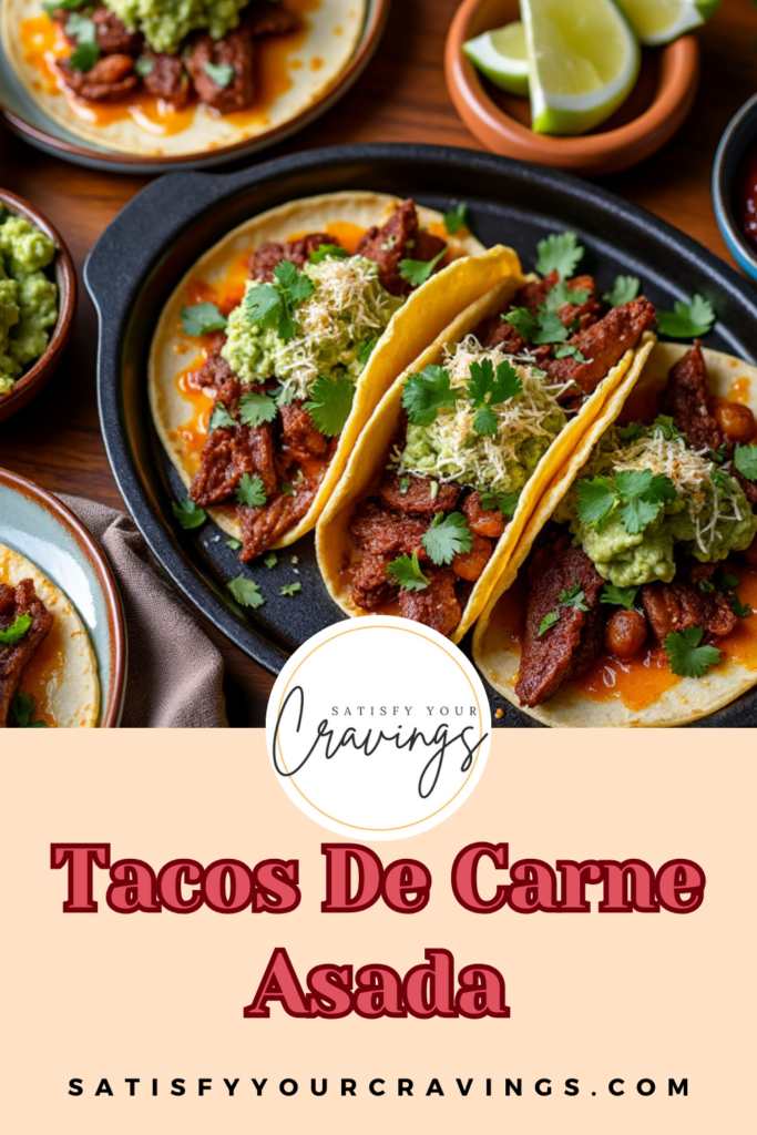 A close-up of Carne Asada Tacos with guacamole, cheese, and cilantro, with the "Satisfy Your Cravings" logo in the corner.