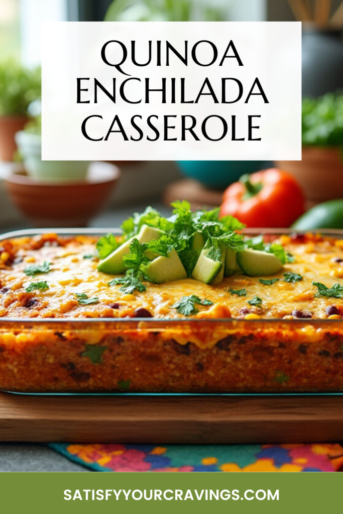 Quinoa Enchilada Casserole with melted cheese and fresh avocado, caption with "Satisfy Your Cravings" website.