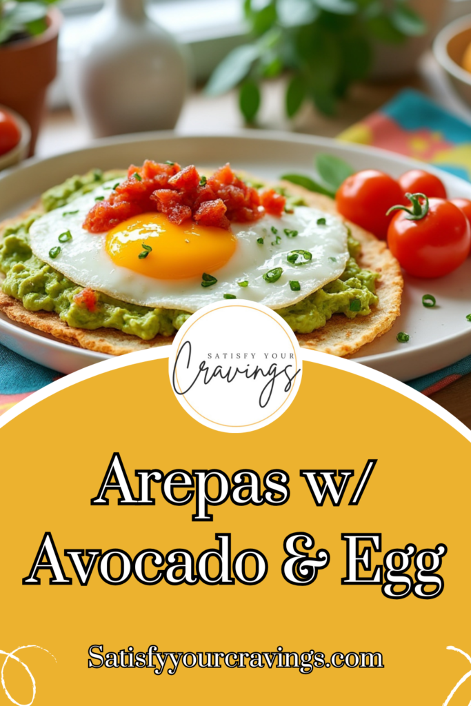 Arepa topped with avocado slices, egg, and salsa, served in a cozy, plant-filled kitchen.