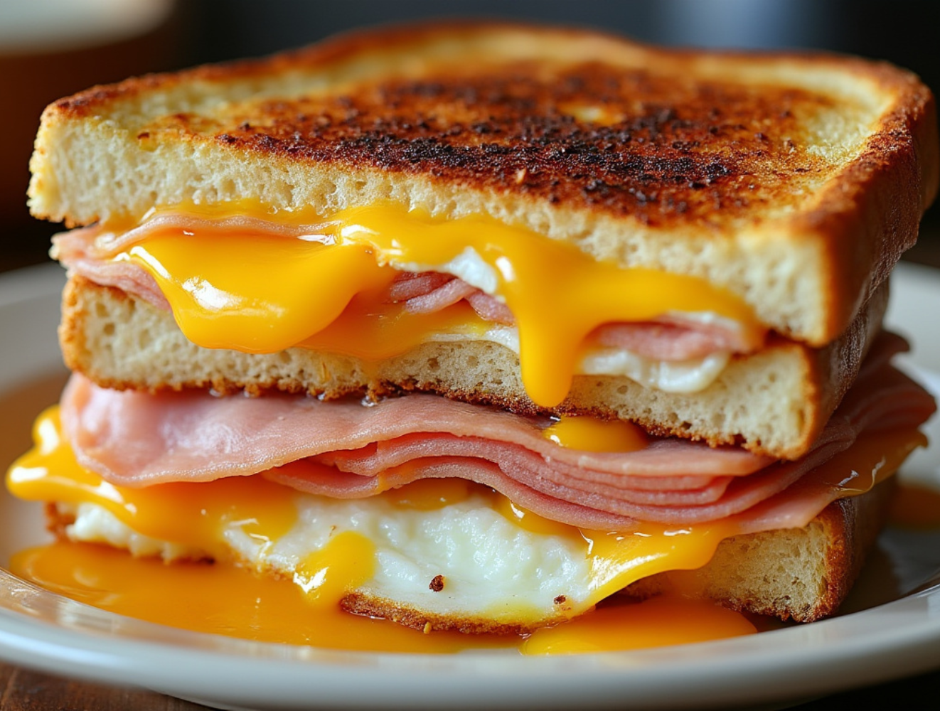 A thick Cuban sandwich with ham, melted cheese, and egg, the yolk spilling over the sandwich.