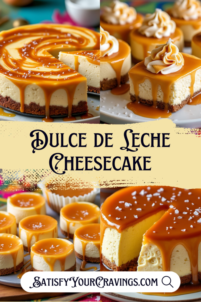 A collage of Dulce de Leche Cheesecake variations with the text "SatisfyYourCravings.com."