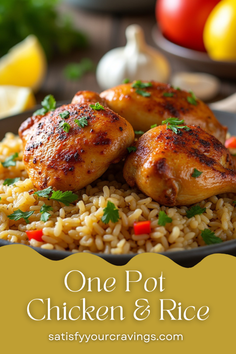 One Pot Chicken & Rice recipe with crispy chicken thighs and seasoned rice, garnished with parsley and lemon wedges.