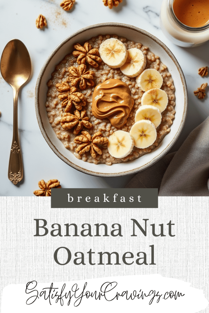 A bowl of Banana Nut Oatmeal with bananas, walnuts, and peanut butter, with the text "Banana Nut Oatmeal" and "SatisfyYourCravings.com.